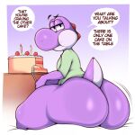  2022 absurd_res anthro big_butt bottomless butt cake clothed clothing dessert dialogue english_text food hi_res huge_butt looking_at_viewer looking_back male mario_bros nintendo purple_yoshi saltyxodium solo talking_to_viewer text video_games yoshi 
