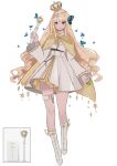  1girl apple blonde_hair blue_eyes boots bug butterfly cape crown dress food fruit full_body green_apple highres ish_(limeariee) light_stick long_hair long_sleeves loona_(group) personification reference_inset solo thigh_strap white_background white_dress white_footwear wide_sleeves yellow_cape 