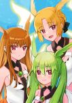  3girls bangs bare_shoulders black_bow blonde_hair blush bow braid brown_hair closed_mouth commentary_request crown_braid dress fate/grand_order fate_(series) geirskogul_(fate) green_hair hair_between_eyes hair_bow head_wings highres long_hair looking_at_viewer matsui_haru multiple_girls olrun_(fate) open_mouth parted_bangs red_eyes rindr_(fate) short_hair siblings sisters sleeveless sleeveless_dress twintails twitter_username valkyrie_(fate) very_long_hair white_dress 