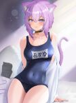  1girl absurdres ahoge animal_ear_fluff animal_ears bangs bare_shoulders black_choker blue_swimsuit blush breasts cat_ears cat_girl cat_tail choker covered_navel crossed_bangs hair_between_eyes highres hololive large_breasts looking_at_viewer medium_hair name_tag nekomata_okayu off_shoulder parted_lips purple_eyes purple_hair school_swimsuit sitting smile solo swimsuit tail tail_raised torakichi_888 virtual_youtuber 