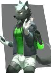  absurd_res anthro black_nose bottomwear bulge canid cheek_tuft clothing facial_tuft fur glistening glistening_eyes green_clothing green_topwear grey_body grey_clothing grey_ears grey_fur grey_jacket grey_tail grey_topwear hair hi_res inner_ear_fluff jacket male mammal muscular muscular_anthro muscular_male neck_tuft shorts simple_background solo t.y.stars tight_clothing topwear tuft white_body white_bottomwear white_clothing white_fur white_hair white_inner_ear_fluff white_shorts yellow_eyes 