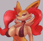  anthro big_breasts bikini bikini_top braixen breasts cleavage clothed clothing female fur inner_ear_fluff kiseff looking_at_viewer multicolored_body multicolored_fur navel navel_piercing nintendo nipple_outline piercing pok&eacute;mon pok&eacute;mon_(species) red_body red_eyes red_fur red_inner_ear_fluff simple_background solo swimwear tuft video_games white_body white_fur yellow_body yellow_fur 