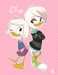  2018 anatid anseriform anthro avian beak bird clothed clothing crossed_arms disney duck ducktales ducktales_(2017) duo female footwear full-length_portrait hair hi_res lena_(ducktales) one_eye_closed pink_background portrait pumo_hyena shoes simple_background smile star webby_vanderquack young 