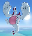  2016 absurd_res ambiguous_gender avian belly big_hands detailed_background feral flying hi_res legendary_pok&eacute;mon looking_at_viewer lugia multicolored_body nintendo pink_body pok&eacute;mon pok&eacute;mon_(species) shiny_pok&eacute;mon sky solo splashyu sun two_tone_body video_games white_body 
