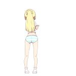  1girl absurdres ass blonde_hair blue_panties commentary_request facing_away from_behind full_body hand_up highres kneepits legs lillie_(pokemon) long_hair microsd_(pibo) no_pants panties pokemon pokemon_(game) pokemon_sm ponytail shirt shoes short_sleeves simple_background socks solo standing striped striped_panties underwear white_background white_footwear white_shirt white_socks 