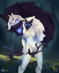  2022 absurd_res adelfrey anthro black_body black_fur blue_nipples bovid bow_(weapon) breasts caprine detailed_background digital_media_(artwork) duo female fur genitals glowing glowing_eyes hi_res kindred_(lol) lamb_(lol) league_of_legends mammal mask nipples pussy ranged_weapon rfta riot_games sheep spirit video_games weapon white_body white_fur wolf_(lol) 