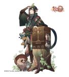  1boy belt black_hair box brown_hair company_name copyright_name food_fantasy full_body gloves highres holding holding_leaf jar leaf male_focus multicolored_hair official_art partially_fingerless_gloves raccoon_tail rezia solo standing tail tanuki tanuki_soba tree_stump two-tone_hair wide_sleeves yellow_eyes 