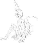  2019 3_toes anthro black_and_white feet female flat_chested genitals half-closed_eyes hi_res humanoid_hands inteleon monochrome narrowed_eyes nintendo nude pok&eacute;mon pok&eacute;mon_(species) pussy scalie simple_background sitting sketch smile solo toes video_games w4g4 white_background 