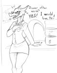  2019 anthro black_and_white bottomwear clothed clothing dialogue english_text eyewear female fully_clothed glasses hang_in_there hi_res kobold monochrome office pince-nez poster scalie shirt sketch skirt solo text topwear w4g4 