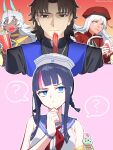 2boys 2girls ? absurdres arjuna_(fate) arjuna_alter_(fate) bangs beret black_hair black_jacket blue_eyes blue_horns blue_sailor_collar blush braid breasts brooch brown_eyes brown_hair caren_hortensia caren_hortensia_(amor_caren) churro cup dark-skinned_male dark_skin dress drinking_glass fate/grand_order fate_(series) full-face_blush hat highres horns house_tag_denim jacket jewelry kotomine_kirei large_breasts long_hair long_sleeves looking_at_viewer low_twin_braids medium_breasts medium_hair multicolored_hair multiple_boys multiple_girls neck_ribbon neck_ring neckerchief necklace open_mouth parted_bangs pink_hair priest rasputin_(fate) red_dress red_headwear ribbon sailor_collar sailor_hat shirt short_hair sidelocks sleeveless sleeveless_shirt smile spicy stole streaked_hair twin_braids utsumi_erice utsumi_erice_(swimsuit_avenger)_(fate) wavy_hair white_hair white_headwear white_shirt yellow_eyes 