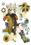  1boy androgynous animal_ears bandaid bandaid_on_face blonde_hair bloomminority dog_boy dog_ears facing_away fantasy fingerless_gloves flower full_body gloves green_eyes highres looking_to_the_side male_focus original short_hair sitting solo steampunk white_background 