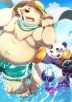  alp_(tas) anthro belly blush bottomwear canid canine canis clothing cu_sith_(tas) domestic_dog duo giant_panda hi_res lifewonders male mammal nazebesu_hobby overweight partially_submerged scarf shorts swimwear tokyo_afterschool_summoners ursid video_games water 