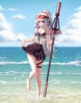  1girl absurdres arknights bangs bare_legs bare_shoulders barefoot bikini bikini_skirt black_bikini black_skirt blue_sky cloud commentary_request day gaoling_gangqin goggles goggles_on_head grey_eyes highres holding holding_staff long_hair long_sleeves looking_at_viewer miniskirt mulberry_(arknights) ocean off-shoulder_shirt off_shoulder ponytail see-through shirt skirt sky smile solo staff standing standing_on_one_leg swimsuit thigh_strap thighs very_long_hair wading water white_hair 