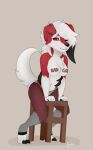  2018 anthro body_writing breasts chair claws clothed clothing female fur furniture hair hi_res hypohate looking_at_viewer lycanroc lyra_woof midnight_lycanroc naughty_smile navel nintendo panties pok&eacute;mon pok&eacute;mon_(species) red_eyes simple_background sitting solo teasing topless underwear video_games white_body white_fur white_hair writing_on_breasts 