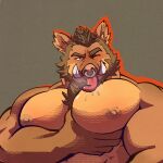  2022 abs anthro barazoku beard big_muscles big_pecs bodily_fluids body_hair brown_body brown_fur brown_hair bust_portrait chest_hair chest_lick eyebrows facial_hair facial_piercing fur grey_background hair hi_res huge_muscles huge_pecs licking looking_at_viewer male mammal muscular muscular_anthro muscular_male narrowed_eyes nipples nose_piercing nose_ring nosoyunoso nude one_eye_closed pec_grab pec_grasp pec_squeeze pecs piercing portrait ring_piercing saliva seductive self_lick shaded simple_background smile solo suid suina sus_(pig) teeth tongue tongue_out tuft tusks wild_boar wink 
