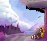  2022 anthro biped black_eyes book brown_body brown_nose chillhop chillhop_raccoon clothing cloud detailed_background dot_eyes happyraccoons hi_res hoodie mammal mountain outside plant procyonid raccoon reading sitting solo topwear tree water 
