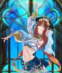 1girl absurdres artist_name bangs blue_eyes blunt_bangs closed_mouth dancer dancing forehead_jewel genshin_impact hand_up harem_outfit highres horns jewelry long_sleeves midriff navel nilou_(genshin_impact) red_hair redfield09 skirt smile solo twintails vambraces veil 