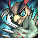  anthro avian bandai_namco bird blue_eyes brown_body brown_feathers carloromero claws digimon digimon_(species) digimon_survive eyebrows falcomon falcomon_(survive) feathers hi_res male sharp_teeth solo swiping teeth thick_eyebrows 