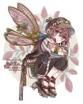  1boy arm_tattoo black_eyes bloomminority boots brown_hair fantasy floral_print full_body goggles hat highres looking_at_viewer male_focus original parted_lips short_hair solo steampunk tattoo white_background wings 