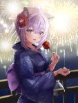  1girl aerial_fireworks animal_ear_fluff animal_ears bag bagged_fish bangs blue_kimono blush candy_apple cat_ears crossed_bangs fireworks fish floral_print flower food from_side hair_between_eyes hair_flower hair_ornament highres holding holding_food hololive japanese_clothes kimono long_sleeves medium_hair nekomata_okayu open_mouth print_kimono purple_eyes purple_hair red_flower smile solo torakichi_888 underwear virtual_youtuber 