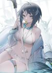  1girl absurdres ahoge arknights bangs bare_shoulders bikini bikini_skirt black_hair blurry blurry_background breasts cleavage commentary feather_hair feet goggles goggles_around_neck highres holding jacket la_pluma_(arknights) la_pluma_(summer_flowers)_(arknights) lanyard large_breasts long_sleeves looking_at_viewer mouth_hold navel official_alternate_costume open_clothes open_jacket parted_bangs shibuya_(kurokamishain) short_hair solo string_bikini swimsuit thigh_strap thighs water whistle white_bikini 