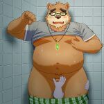  anthro balls bathroom belly blush boxers_down brown_body brown_fur disembodied_hand erection eyewear fupa fur genitals glasses handjob lifewonders male mammal moobs navel nipple_fetish nipple_pinch nipple_play overweight penile penis pinch sex small_penis tokyo_afterschool_summoners ursid video_games volos yaki_atsuage 