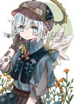  1boy arm_tattoo bloomminority blue_eyes braid fantasy flower gears gloves goggles hat highres looking_at_viewer male_focus original pointy_ears short_hair smile solo steampunk tattoo white_background white_hair yellow_flower 