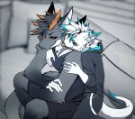  absurd_res ambiguous_gender angiewolf anthro blue_eyes character_ardentdrako character_colours cuddling dragon duo fluffy fur hi_res horn invalid_tag licking male male/male sexual_tension spirit tongue tongue_out white_body white_fur 