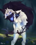  2022 absurd_res adelfrey anthro black_body black_fur bovid bow_(weapon) breasts caprine detailed_background digital_media_(artwork) duo female fur glowing glowing_eyes hi_res kindred_(lol) lamb_(lol) league_of_legends mammal mask ranged_weapon rfta riot_games sheep spirit video_games weapon white_body white_fur wolf_(lol) 