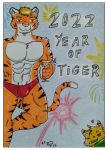  2022 absurd_res alcohol anthro barazoku beverage bulge champagne clothing dashthefox felid fireworks hi_res male mammal markers muscular pantherine pecs ralf red_clothing red_underwear solo striped_body stripes tiger traditional_media_(artwork) underwear 