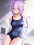  1girl absurdres ahoge animal_ear_fluff animal_ears bangs bare_shoulders black_choker blue_swimsuit blush breasts cat_ears cat_girl cat_tail choker covered_navel crossed_bangs hair_between_eyes highres hololive large_breasts looking_at_viewer medium_hair nekomata_okayu off_shoulder parted_lips purple_eyes purple_hair school_swimsuit sitting smile solo swimsuit tail tail_raised torakichi_888 virtual_youtuber 