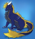  absurd_res animal_genitalia arch_(goodornot) balls blonde_hair blue_body blue_fur dragon feral fur furred_dragon genitals hair hi_res male sheath simple_background smile solo wanderlustdragon yellow_eyes 