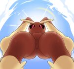  anthro anus brown_body butt day female genitals hi_res jokutensei light looking_at_viewer lopunny low-angle_view nintendo pok&eacute;mon pok&eacute;mon_(species) pussy red_eyes solo sunlight video_games worm&#039;s-eye_view 