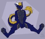  absurd_res anthro arch_(goodornot) blonde_hair blue_body blue_fur blue_pawpads digitigrade dragon fur furred_dragon hair hi_res male one_eye_closed pawpads simple_background skdaffle smile solo spread_legs spreading tongue tongue_out wink yellow_eyes 
