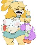  animal_crossing anthro areola bandage big_breasts big_butt blonde_hair bottomless bottomwear bracelet breasts butt canid canine canis clothed clothing collar domestic_dog duo eyes_closed female footwear gift hair half-closed_eyes hat headgear headwear hi_res isabelle_(animal_crossing) jewelry male mammal mario_bros midriff multicolored_body narrowed_eyes nintendo nipples open_mouth party_hat pink_areola pink_nipples purple_yoshi purple_yoshi_draws purps shih_tzu shirt shoes shorts slightly_chubby spiked_bracelet spiked_collar spikes tank_top thick_thighs topwear toy_dog translucent translucent_clothing two_tone_body video_games wide_hips yoshi 