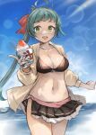  1girl absurdres ahoge bikini black_bikini blush breasts cleavage collarbone cowboy_shot food green_eyes green_hair highres holding holding_food irako_(kancolle) kantai_collection large_breasts long_hair long_sleeves navel open_mouth ponytail shaved_ice smile solo swimsuit toka_(marchlizard) 