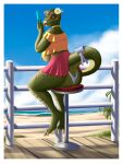  2022 3_toes anthro areola argonian beach bethesda_softworks big_breasts big_butt bottomwear breasts butt clothing deeja feet female food green_areola green_body green_nipples green_scales hi_res holding_food holding_object holding_popsicle looking_at_viewer nipple_piercing nipples outside panties piercing popsicle saddnesspony scales scalie seaside skirt solo the_elder_scrolls toes tongue underwear video_games water yellow_eyes 