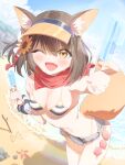  animal_ears applepie_(12711019) beach black_hair blue_archive breasts cleavage collarbone commentary fang food fox_ears fox_tail highres izuna_(blue_archive) medium_breasts medium_hair navel ocean one_eye_closed popsicle scarf shorts swimsuit tail visor_cap yellow_eyes 