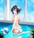  1girl absurdres ahoge arknights ass ball bangs beachball bikini black_hair breasts epicstash frilled_bikini frills grey_eyes hair_between_eyes hair_bun hair_ornament hairclip highres la_pluma_(arknights) la_pluma_(summer_flowers)_(arknights) looking_at_viewer looking_back official_alternate_costume short_hair sideboob sidelocks single_hair_bun solo swimsuit water white_swimsuit 