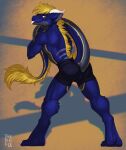  anthro arch_(goodornot) blonde_hair blue_body blue_fur butt clothing digitigrade dragon fur furred_dragon hair hi_res looking_back male neverneverland simple_background solo tongue tongue_out underwear yellow_eyes 