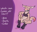  2d_animation animated anthro ariel_(dragon_dares) blush boots bottomless bottomless_female bra clothed clothing collar draconicmentalist eyeshadow female footwear fur furred_kobold kobold makeup short_playtime solo strip_game tail_motion text underwear 