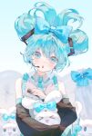  &gt;_&lt; 1girl :d absurdres bare_shoulders black_sleeves blue_bow blue_eyes blue_hair blue_necktie bow brush cinnamiku cinnamoroll closed_eyes collared_shirt commentary_request crossover detached_sleeves frilled_shirt frilled_shirt_collar frills hair_bow hatsune_miku highres holding holding_brush long_sleeves looking_at_viewer necktie parted_lips pino_ko rabbit sanrio shirt sidelocks sleeveless sleeveless_shirt smile updo upper_body vocaloid white_shirt wide_sleeves xd 
