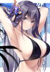  1girl absurdres armpits arms_behind_head arms_up bangs bare_shoulders bikini black_bikini blush breasts cleavage collarbone genshin_impact hair_ornament highres large_breasts long_hair looking_at_viewer mole mole_under_eye netarou purple_eyes purple_hair raiden_shogun solo swimsuit very_long_hair 