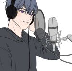  1boy :d absurdres bangs black_hoodie grin headphones highres hood hoodie hyang_bok long_sleeves looking_at_viewer marius_von_hagen_(tears_of_themis) microphone purple_eyes purple_hair short_hair sketch smile solo tears_of_themis teeth white_background 