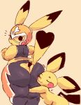  2022 ambiguous_gender anthro big_butt butt butt_worship cleft_tail clothed clothing cosplay_pikachu_(costume) duo embrace eyes_closed face_on_butt female hi_res hug kiseff looking_back mammal mask nintendo pichu pikachu pikachu_libre pok&eacute;mon pok&eacute;mon_(species) simple_background smile thick_thighs video_games yellow_body 