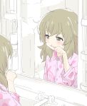  1girl bangs blush brown_eyes brown_hair brushing_teeth collared_shirt copyright_request dress_shirt faucet highres holding holding_toothbrush indoors long_hair long_sleeves mirror pajamas pink_pajamas pink_shirt reflection shirt sincos solo toothbrush 