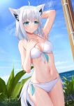  1girl ahoge animal_ear_fluff animal_ears arm_behind_head bangs bikini blurry blurry_background blush braid breasts cloud cloudy_sky commentary_request dutch_angle fox_ears fox_girl fox_tail green_eyes hair_between_eyes hand_on_own_chest highres looking_at_viewer medium_breasts navel ocean outdoors shirakami_fubuki showering sidelocks signature single_braid sky skyrail smile solo swimsuit tail wet white_bikini white_hair 