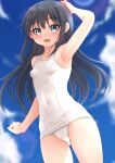  1girl absurdres asashio_(kancolle) ass_visible_through_thighs black_hair blue_eyes blue_sky blue_swimsuit blush breasts cloud collarbone covered_navel cowboy_shot day hair_between_eyes highres kantai_collection long_hair looking_at_viewer makura_(y_makura) old_school_swimsuit open_mouth outdoors school_swimsuit sky small_breasts smile solo swimsuit white_swimsuit 