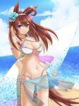  absurdres ahoge animal_ears bikini blush breasts brown_hair cleavage collarbone flower hair_between_eyes hair_flower hair_ornament highres horse_ears horse_girl horse_tail large_breasts long_hair mihono_bourbon_(umamusume) navel roppaku smile stomach surfboard swimsuit tail thighs umamusume 