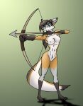  abs anthro archer archery athletic breasts canid canine countershading dizzyvixen featureless_crotch female green_eyes grey_fox hair hi_res long_hair mammal nevar_(dizzyvixen) nipples nude simple_background solo urocyon 